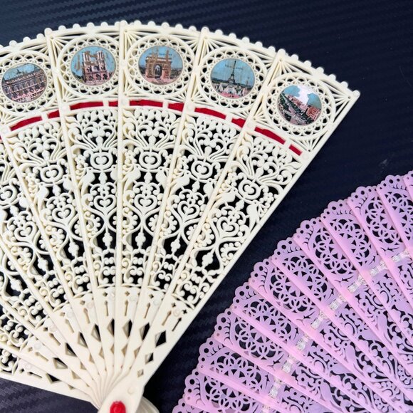 Vintage Pink & Ivory Souvenir Celluloid Plastic Lace Folding Hand Fans SET OF 2 - Picture 4 of 12